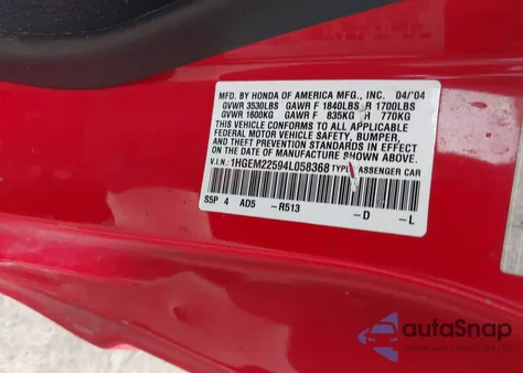 2004 Honda Civic Lx z USA, uszkodzony, nr VIN 1HGEM22594L058368